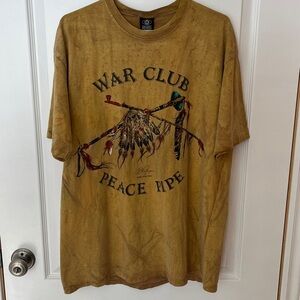 Vintage 90s Factory Artwear War Club Graphic Tee in Yellow-Tan Tye-Dye
